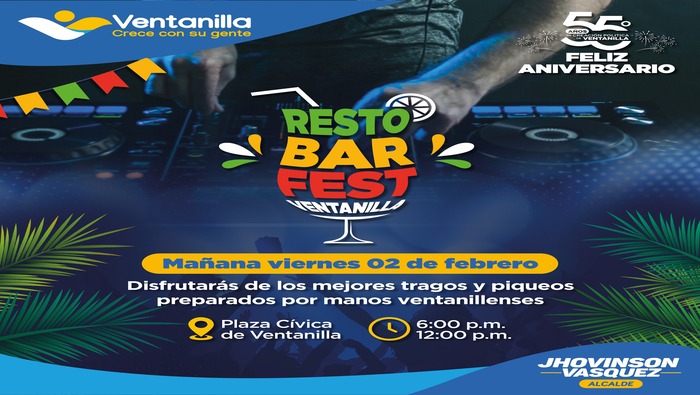 Disfruta de una velada llena de diversión y alegría, en el gran “RestobarFest Ventanilla”, donde se ofrecerán las mejores bebidas y piqueos. Este evento que se ofrece en el marco de las celebraciones por los 55 años de Ventanilla, gracias a las gestiones de nuestro alcalde 𝐉𝐡𝐨𝐯𝐢𝐧𝐬𝐨𝐧 𝐕𝐚𝐬𝐪𝐮𝐞𝐳. Te esperamos en la Plaza Cívica de Ventanilla, este viernes 2 de febrero a partir de las 6.00 pm. ¡Vive una experiencia inolvidable!