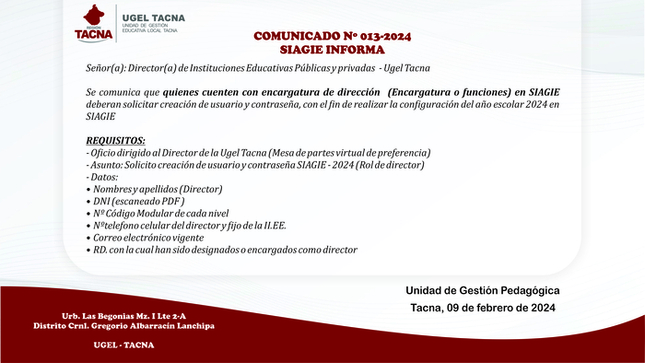 Comunicado Nº13: SIAGIE Informa
