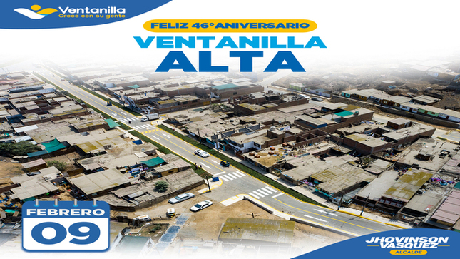  Hace 46 años, esta comunidad nació con sueños e ilusiones, y hoy, gracias al esfuerzo y trabajo conjunto de sus habitantes, se ha convertido en un pilar fundamental de nuestro distrito. Bajo el liderazgo de nuestro alcalde 𝐉𝐡𝐨𝐯𝐢𝐧𝐬𝐨𝐧 𝐕𝐚𝐬𝐪𝐮𝐞𝐳, seguimos construyendo una comunidad más fuerte y próspera. ¡Feliz aniversario, por más años de crecimiento y desarrollo para Ventanilla Alta y todo nuestro distrito! 🎈🎊