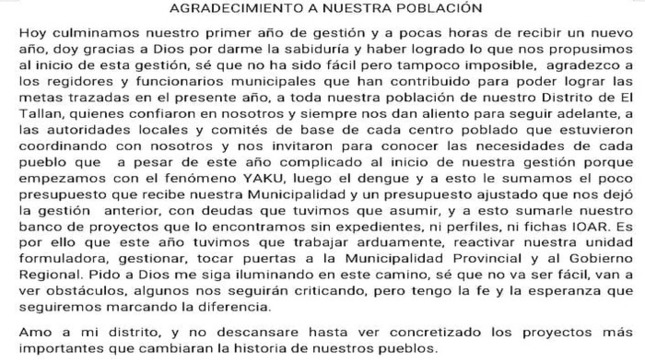 Mensaje del alcalde distrital Prof. Javier More Vílchez para la población