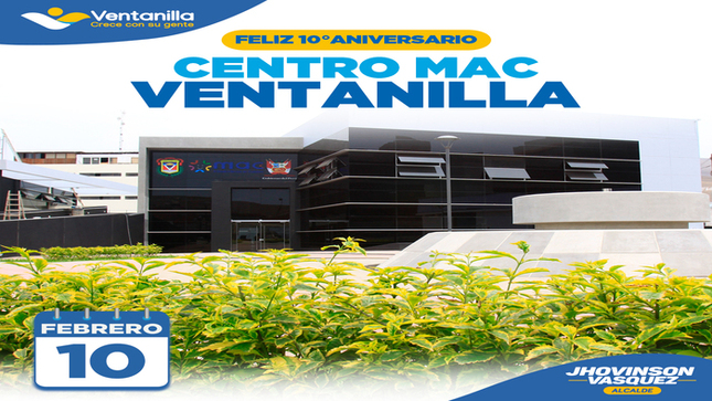  ¡Celebramos una década de excelencia en el Centro de Mejor Atención al Vecino (MAC) Ventanilla! Desde la Municipalidad de Ventanilla y con el respaldo de nuestro alcalde 𝐉𝐡𝐨𝐯𝐢𝐧𝐬𝐨𝐧 𝐕𝐚𝐬𝐪𝐮𝐞𝐳, reconocemos y agradecemos al dedicado equipo de profesionales que ha brindado servicios del Estado y municipales a nuestra comunidad durante estos 10 años. ¡Feliz Aniversario, Centro MAC Ventanilla! 🎊
