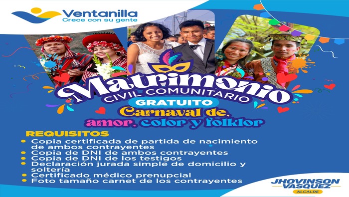 El matrimonio civil comunitario de tus sueños se acerca! Será una experiencia mágica llena de música, baile, yunza y carnavales, completamente gratis, gracias a las gestiones de nuestro alcalde 𝐉𝐡𝐨𝐯𝐢𝐧𝐬𝐨𝐧 𝐕𝐚𝐬𝐪𝐮𝐞𝐳.
👉 Formaliza tu relación y vive una ceremonia única en el Parque Bicentenario de Pachacútec, este sábado 17 de febrero. ¡Prepárate para vivir un momento inolvidable!
👉 𝐈𝐧𝐟𝐨𝐫𝐦𝐞𝐬 𝐞 𝐢𝐧𝐬𝐜𝐫𝐢𝐩𝐜𝐢𝐨𝐧𝐞𝐬:
➡️ Oficina de Registro Civil Centro MAC Ventanilla
➡️ Aló Ventanilla (01) 631-1410
➡️ Horario de atención: 8:00 a.m. a 5:00 p.m.