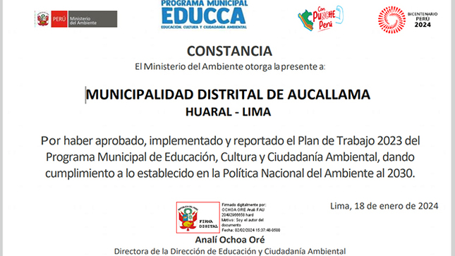 Ministerio del Ambiente otorga reconocimiento a la Muncipalidad Distrital de Aucallama.