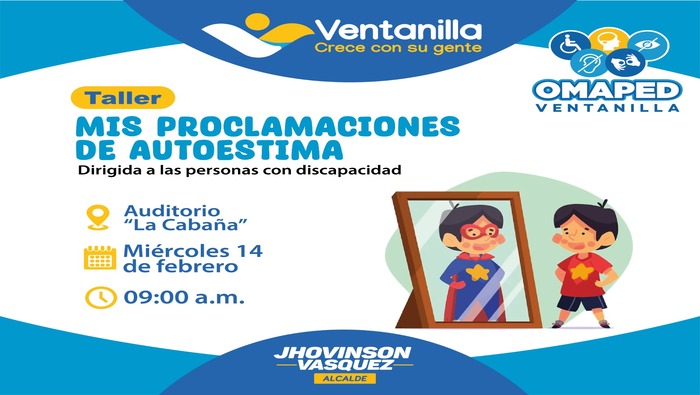 Seguimos trabajando para ofrecer un distrito con más igualdad e inclusivo para todos los vecinos. Por disposiciones de nuestro alcalde 𝐉𝐡𝐨𝐯𝐢𝐧𝐬𝐨𝐧 𝐕𝐚𝐬𝐪𝐮𝐞𝐳, estamos realizando un taller de “Mis proclamaciones de autoestima”, dirigido a las personas con discapacidad y habilidades diferentes. Si estas interesado en participar acude al auditorio del parque La Cabaña, este 14 de febrero a las 9.00 a.m. ¡Ventanilla crece con su gente!