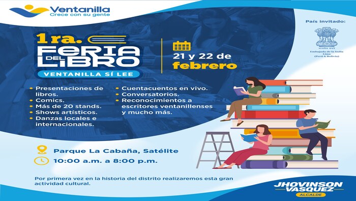 Pronto un gran evento cultural captará la atención de miles de vecinos del distrito. Gracias a las gestiones de nuestro alcalde 𝐉𝐡𝐨𝐯𝐢𝐧𝐬𝐨𝐧 𝐕𝐚𝐬𝐪𝐮𝐞𝐳 traemos a Ventanilla la primera feria del libro “Ventanilla sí lee”, en la que participarán escritores y poetas locales, nacionales y latinoamericanos; aquí podrás leer y adquirir ejemplares de drama, acción, cuentos, poesía, ficción, mangas y mucho más. Este 21 y 22 de febrero en el parque La Cabaña desde las 10:00 a.m. ¡Ventanilla crece con su gente!