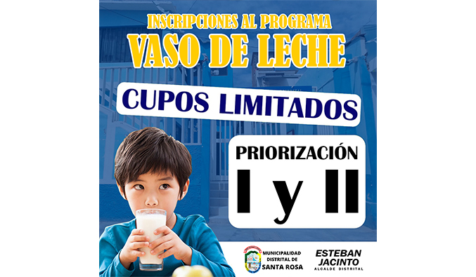 🔰 La Municipalidad Distrital de Santa Rosa te invita a ser parte del Programa Vaso de Leche, beneficiando a quienes más lo necesitan en nuestra comunidad.

👶 𝐏𝐑𝐈𝐎𝐑𝐈𝐙𝐀𝐂𝐈𝐎́𝐍 𝐈 - 𝐁𝐞𝐧𝐞𝐟𝐢𝐜𝐢𝐚𝐫𝐢𝐨𝐬:

✅ Niños, niñas de 0 a 6 años (hasta 1 día antes que cumplan los 7 años) 
✅ Madres Gestantes
✅ Madres Lactantes

📋 𝐑𝐞𝐪𝐮𝐢𝐬𝐢𝐭𝐨𝐬:

🆔 DNI de la madre o tutor(a) (copia)
🆔 DNI del niño o niña (copia)
💡 Último recibo de luz (copia) de tener. 
🤰 Para mamás gestantes: Tarjeta de control original y copia + DNI (copia) 
🤱 Para Madres lactantes: Control del bebé (copia) + DNI (copia) 
✅ 🏠 Ficha SISFOH en situación de POBREZA o POBREZA EXTREMA (Consulta mi hogar: Enlace al SISFOH) - OBLIGATORIO

👵 𝐏𝐑𝐈𝐎𝐑𝐈𝐙𝐀𝐂𝐈𝐎́𝐍 𝐈𝐈 - 𝐁𝐞𝐧𝐞𝐟𝐢𝐜𝐢𝐚𝐫𝐢𝐨𝐬:

✅ Adultos mayores de 65 años
✅ Personas con discapacidad severa
✅ Niños, niñas de 7 a 13 años en situación de anemia o desnutrición.

📋 𝐑𝐞𝐪𝐮𝐢𝐬𝐢𝐭𝐨𝐬:

🆔 DNI del usuario(a) mayor de 65 años
💡 Último recibo de luz (copia)
🩺 Constancia de anemia emitida por el Centro de Salud (para niños de 7 a 13 años) + DNI (copia)
🤲 Carnet o certificado de discapacidad (para personas con discapacidad severa)
✅ 🏠 Ficha SISFOH en situación de POBREZA o POBREZA EXTREMA (Consulta mi hogar: Enlace al SISFOH) - OBLIGATORIO

🤝¡Asegúrate de cumplir con los requisitos y acércate a la Municipalidad para ser parte de este importante programa! Para más información, estamos a tu disposición.
Fecha de inscripción: del 15 al 21 de Febrero del 2024
Lugar: oficina del área del Programa Vaso de Leche. Calle Unión N°404
Horario de 8am a 1pm y de 2pm a 4pm