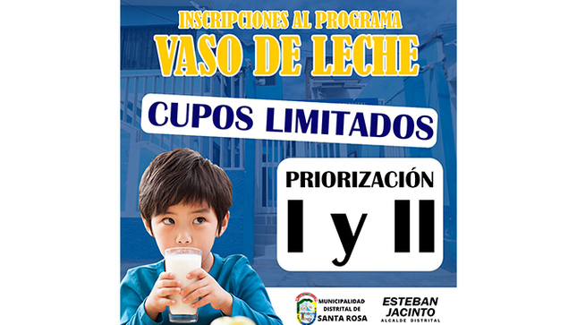 🔰 La Municipalidad Distrital de Santa Rosa te invita a ser parte del Programa Vaso de Leche, beneficiando a quienes más lo necesitan en nuestra comunidad.

👶 𝐏𝐑𝐈𝐎𝐑𝐈𝐙𝐀𝐂𝐈𝐎́𝐍 𝐈 - 𝐁𝐞𝐧𝐞𝐟𝐢𝐜𝐢𝐚𝐫𝐢𝐨𝐬:

✅ Niños, niñas de 0 a 6 años (hasta 1 día antes que cumplan los 7 años) 
✅ Madres Gestantes
✅ Madres Lactantes

📋 𝐑𝐞𝐪𝐮𝐢𝐬𝐢𝐭𝐨𝐬:

🆔 DNI de la madre o tutor(a) (copia)
🆔 DNI del niño o niña (copia)
💡 Último recibo de luz (copia) de tener. 
🤰 Para mamás gestantes: Tarjeta de control original y copia + DNI (copia) 
🤱 Para Madres lactantes: Control del bebé (copia) + DNI (copia) 
✅ 🏠 Ficha SISFOH en situación de POBREZA o POBREZA EXTREMA (Consulta mi hogar: Enlace al SISFOH) - OBLIGATORIO

👵 𝐏𝐑𝐈𝐎𝐑𝐈𝐙𝐀𝐂𝐈𝐎́𝐍 𝐈𝐈 - 𝐁𝐞𝐧𝐞𝐟𝐢𝐜𝐢𝐚𝐫𝐢𝐨𝐬:

✅ Adultos mayores de 65 años
✅ Personas con discapacidad severa
✅ Niños, niñas de 7 a 13 años en situación de anemia o desnutrición.

📋 𝐑𝐞𝐪𝐮𝐢𝐬𝐢𝐭𝐨𝐬:

🆔 DNI del usuario(a) mayor de 65 años
💡 Último recibo de luz (copia)
🩺 Constancia de anemia emitida por el Centro de Salud (para niños de 7 a 13 años) + DNI (copia)
🤲 Carnet o certificado de discapacidad (para personas con discapacidad severa)
✅ 🏠 Ficha SISFOH en situación de POBREZA o POBREZA EXTREMA (Consulta mi hogar: Enlace al SISFOH) - OBLIGATORIO

🤝¡Asegúrate de cumplir con los requisitos y acércate a la Municipalidad para ser parte de este importante programa! Para más información, estamos a tu disposición.
Fecha de inscripción: del 15 al 21 de Febrero del 2024
Lugar: oficina del área del Programa Vaso de Leche. Calle Unión N°404
Horario de 8am a 1pm y de 2pm a 4pm