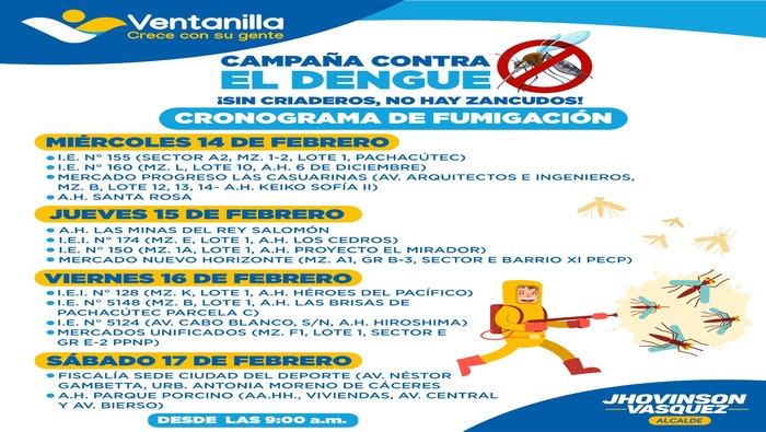 Para una mejor protección contra el dengue, se está llevando a cabo una serie de fumigaciones en puntos estratégicos del distrito, gracias a las indicaciones de nuestro alcalde 𝐉𝐡𝐨𝐯𝐢𝐧𝐬𝐨𝐧 𝐕𝐚𝐬𝐪𝐮𝐞𝐳. Si te encuentras con personal municipal, facilítales el ingreso a tu zona, ellos estarán debidamente identificados, asegurando así la tranquilidad y seguridad de todos los vecinos. Juntos, combatiremos el dengue y mantendremos el distrito seguro. ¡Ventanilla crece con su gente!