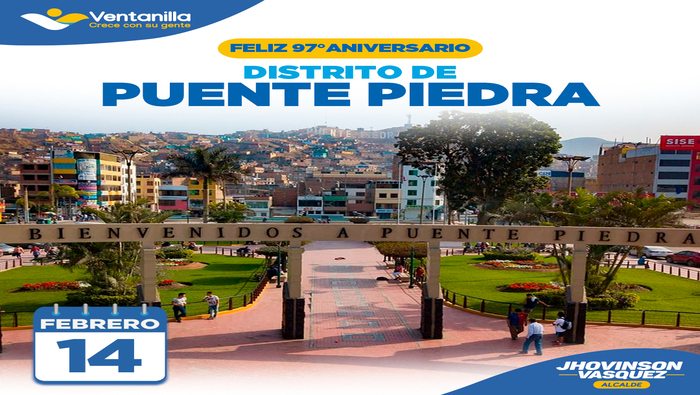 ¡Felicitaciones al distrito de Puente Piedra por su 97° aniversario de fundación! En este día especial, nuestro alcalde 𝐉𝐡𝐨𝐯𝐢𝐧𝐬𝐨𝐧 𝐕𝐚𝐬𝐪𝐮𝐞𝐳 y el pueblo de Ventanilla, queremos reconocer el crecimiento y desarrollo que ha experimentado a lo largo de los años, convirtiéndose en un lugar próspero gracias al esfuerzo y dedicación de su comunidad. ¡Un feliz aniversario a todos los puentepedrinos!