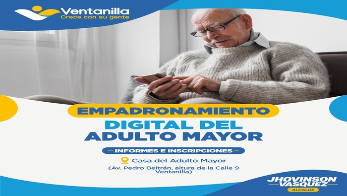 ¡Atención comunidad! 📢 Gracias al compromiso del alcalde 𝐉𝐡𝐨𝐯𝐢𝐧𝐬𝐨𝐧 𝐕𝐚𝐬𝐪𝐮𝐞𝐳, ahora los adultos mayores y personas con discapacidad pueden realizar su empadronamiento digital, solo tienen que acercarse a la Casa del Adulto Mayor. ¡Ventanilla crece son su gente! 🙌🏻