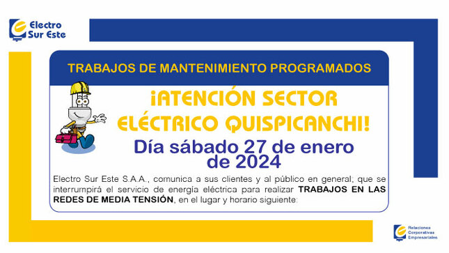 ¡ATENCIÓN SECTOR ELÉCTRICO QUISPICANCHI! CORTE PROGRAMADO
