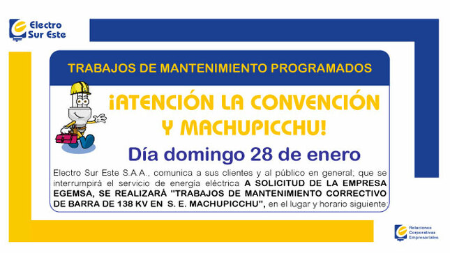 ¡ATENCIÓN LA CONVENCIÓN Y MACHUPICCHU! CORTE PROGRAMADO
