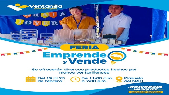¡Apoyamos a nuestros emprendedores locales! 🛍️ Esta feria se llevará a cabo en la Plazuela del MAC del 19 al 25 de febrero de 11 a.m. a 7:00 p.m.
Ven y apoya a nuestros pequeños empresarios locales mientras disfrutas de una variedad de productos únicos. ¡No te lo pierdas! Gracias al compromiso de nuestro alcalde 𝐉𝐡𝐨𝐯𝐢𝐧𝐬𝐨𝐧 𝐕𝐚𝐬𝐪𝐮𝐞𝐳 seguimos impulsando el desarrollo económico de nuestro distrito.