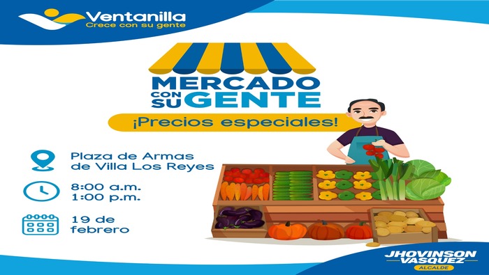} Vecino, vecina, no esperen más y compren fresco y barato en el "Mercado con su gente", donde los propios productores ofrecerán frutas, verduras, carnes, abarrotes, entre otros productos de primera necesidad, a precios accesibles, gracias a las gestiones de nuestro alcalde 𝐉𝐡𝐨𝐯𝐢𝐧𝐬𝐨𝐧 𝐕𝐚𝐬𝐪𝐮𝐞𝐳, quien de esta forma continúa apoyando a la canasta básica familiar. Te esperamos en la Plaza de Armas de Villa Los Reyes, este lunes 19 de febrero, desde las 8:00 a.m. ¡Ventanilla crece con su gente!