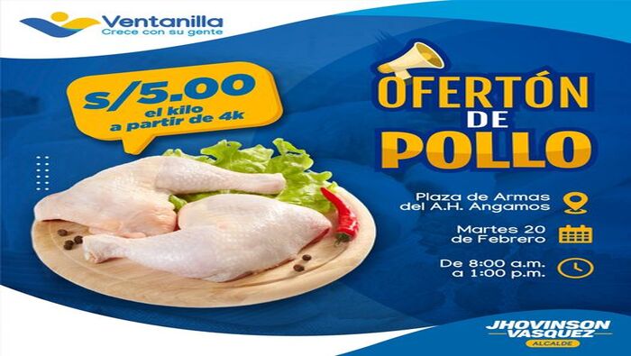¡No te pierdas el gran "Ofertón de pollo" que traemos para ti! Gracias a las gestiones de nuestro alcalde 𝐉𝐡𝐨𝐯𝐢𝐧𝐬𝐨𝐧 𝐕𝐚𝐬𝐪𝐮𝐞𝐳 con la empresa privada, buscamos contribuir con la canasta básica familiar, directamente del distribuidor, a un precio económico.
Te esperamos este martes 20 de febrero, en la Plaza principal de Angamos, desde las 8:00 a.m. ¡Aprovecha esta ganga!