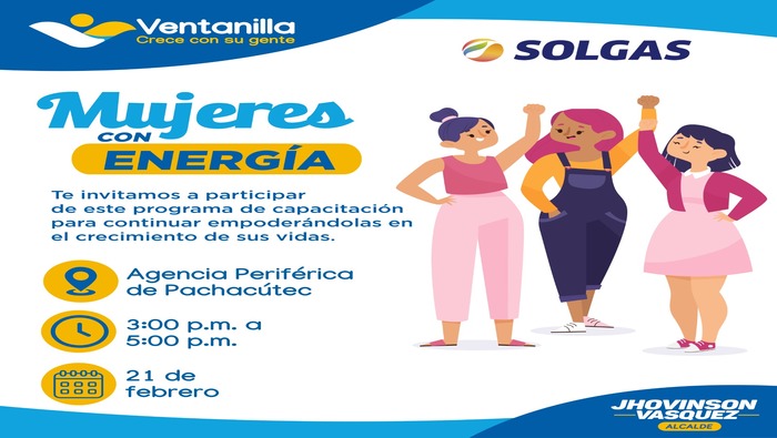 Continuamos con el trabajo de dotar a las vecinas de las mejores herramientas para que se desenvuelvan y sean líderes de sus comunidades. Gracias a las gestiones de nuestro alcalde 𝐉𝐡𝐨𝐯𝐢𝐧𝐬𝐨𝐧 𝐕𝐚𝐬𝐪𝐮𝐞𝐳, iniciamos el programa “Mujeres con energía”, con una serie de capacitaciones con el fin de desarrollar sus capacidades individuales y de empoderarlas. Te esperamos este 21 de febrero, en la agencia periférica de Pachacútec, a las 3.00 p.m. ¡No te pierdas esta gran oportunidad!