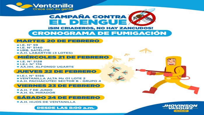 Personal municipal, bajo los lineamientos de nuestro alcalde 饾悏饾悺饾惃饾惎饾悽饾惂饾惉饾惃饾惂 饾悤饾悮饾惉饾惇饾惍饾悶饾惓, est谩 llevando a cabo una serie de fumigaciones en zonas estrat茅gicas del distrito, a fin de ofrecer una mejor protecci贸n contra el dengue. Conoce la programaci贸n para esta semana, para que recibas a nuestro personal que estar谩 debidamente identificado, asegurando as铆 la tranquilidad y seguridad de todos los vecinos. Juntos, combatiremos el dengue y mantendremos el distrito seguro. 隆Ventanilla crece con su gente!