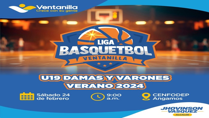 ¡Atención a todos los aficionados al baloncesto! 🏀 La "Liga Basquetbol Ventanilla" está de vuelta y promete emociones sin igual. 🎉 Este sábado 24 de febrero ven a presenciar los partidos de la categoría U19 de damas y varones en el Centro de Formación Deportiva Angamos a partir de las 9:00 a.m. 📣 ¡Ven y apoya a tu equipo favorito! ¡Gracias a nuestro alcalde 𝐉𝐡𝐨𝐯𝐢𝐧𝐬𝐨𝐧 𝐕𝐚𝐬𝐪𝐮𝐞𝐳 por hacer esto posible!