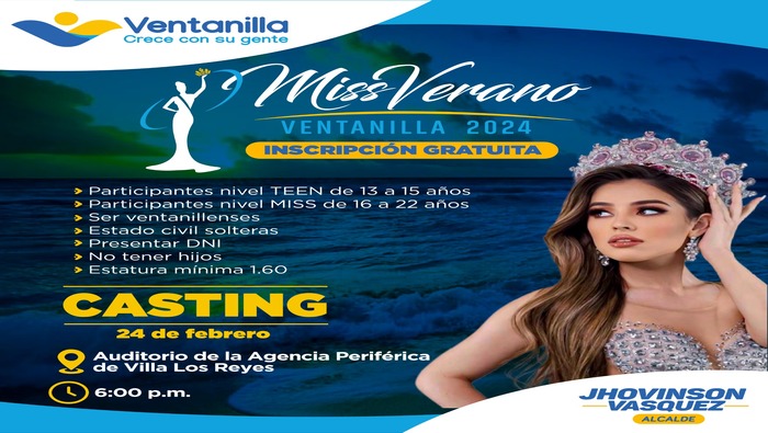 Si eres desenvuelta, empoderada y posees la belleza que caracteriza a nuestras chicas ventanillenses, entonces estás lista para participar del casting de ‘Miss Verano Ventanilla 2024’. Puedes ser la próxima soberana de nuestro hermoso distrito y representar a nuestra comunidad. ¡Esta es tu gran oportunidad de destacar! Para más información e inscripciones visita el auditorio de la agencia periférica de Villa Los Reyes, este 24 de febrero, a las 6:00 p.m. o llamando al (01)631-1400 anexo 112.