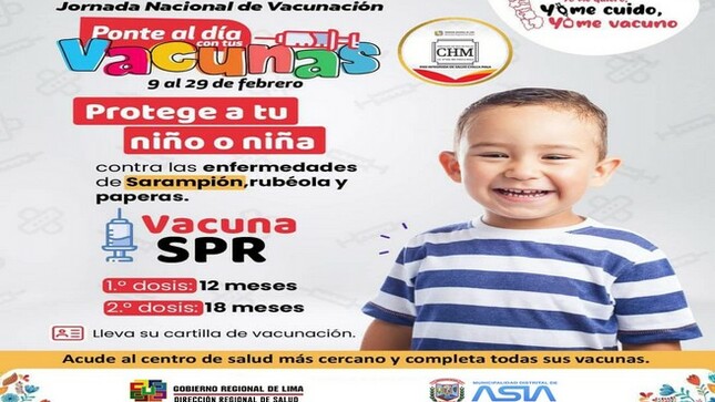 La Municipalidad Distrital de Asia en coordinación con la Microred de Salud Chilca Mala, invita a la población a participar de la campaña "Ponte al día con tus vacunas".
Protege a tu niño o niña contra las enfermedades de Sarampión, rubéola y paperas.
 ¡Recuerda que las vacunas son seguras y gratuitas!
#MunicipalidadDistritalDeAsia
#PorelDesarrollodeAsia
#IsaiasAlcantaraAlcaldedeAsia