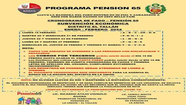 ATENCIÓN USUARIOS DE PENSIÓN 65 Cronograma de pago