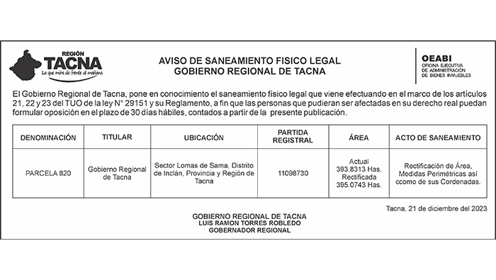 Aviso de Saneamiento Físico Legal