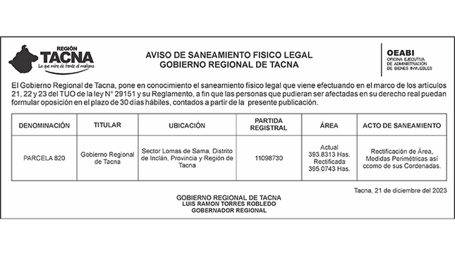 Aviso de Saneamiento Físico Legal