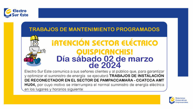 ¡ATENCIÓN SECTOR ELÉCTRICO QUISPICANCHI! CORTE PROGRAMADO
