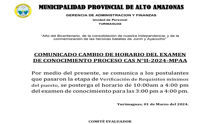 Cambio de Horario del Examen de Conocimiento al Proceso CAS N° II-2024-MPAA