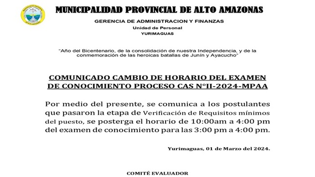 Cambio de Horario del Examen de Conocimiento al Proceso CAS N° II-2024-MPAA