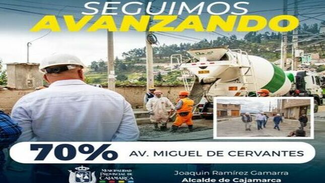 📌El alcalde provincial de Cajamarca, Joaquin Ramírez Gamarra, supervisó el avance del 70% en la pavimentación de la avenida Miguel de Cervantes, que abarca desde la cuadra 12 hasta la 29 en los sectores San Vicente y el Estanco. 
👉Con esta pavimentación mejoraremos el ingreso del turismo a nuestra ciudad y salida a diferentes lugares turísticos. 