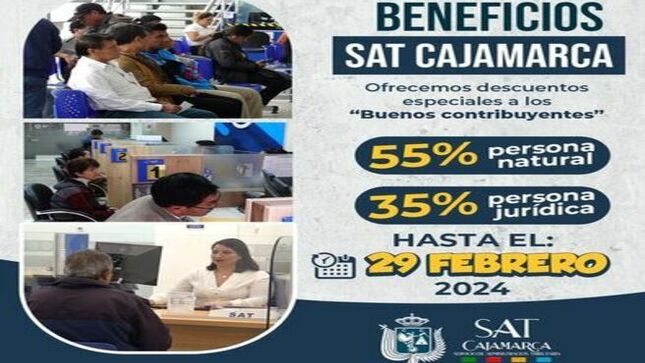 ✅El Servicio de Administración Tributaria, SAT Cajamarca, anunció descuentos entre el 35% al 55% en el pago de arbitrios municipales para todos aquellos contribuyentes que cumplan con cancelar sus deudas tributarias correspondientes al 2024, hasta el próximo jueves 29 de febrero, fecha en que vence el plazo para el pago de la primera cuota del impuesto predial y de arbitrios municipales del presente año.