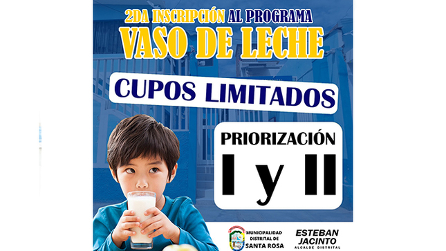 La Municipalidad Distrital de Santa Rosa te invita a ser parte del Programa Vaso de Leche, beneficiando a quienes más lo necesitan en nuestra comunidad.