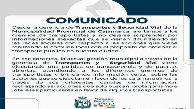 #GerenciaDeTransportesYSeguridadVial #Cajamarca #Comunicado