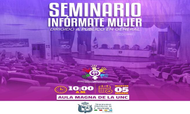 1οΈβ£ 05 π
π π΄ππππ: Seminario InfΓ³rmate Mujer - Aula Magna UNC - 10:00 a. m.
2οΈβ£ 06 π
π π΄ππππ: Panel "ImplementaciΓ³n de polΓticas y logros a favor de la mujer" - Auditorio Municipal - Qhapaq Γ±an - 9:30 a. m
3οΈβ£ 07 π
π π΄ππππ: Concurso de habilidades y destrezas - INPE - 8:30 a.m
4οΈβ£ 08 π
π π΄ππππ: Misa (Iglesia Catedral - 9:30 a. m.) - Pasacalle (Plaza de Armas - 10:00 a. m.) - Feria Informativa (Plazuela Amalia Puga - 10:00 a. m.)