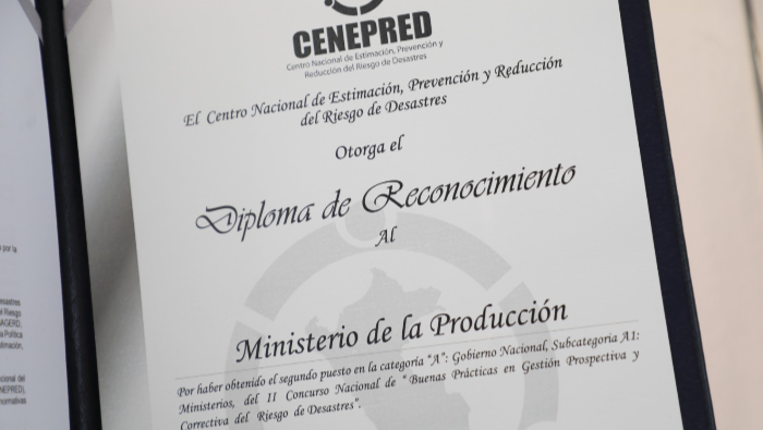 PRODUCE recibió un reconocimiento por la implementación de procesos de estimación, prevención y reducción del riesgo de desastres