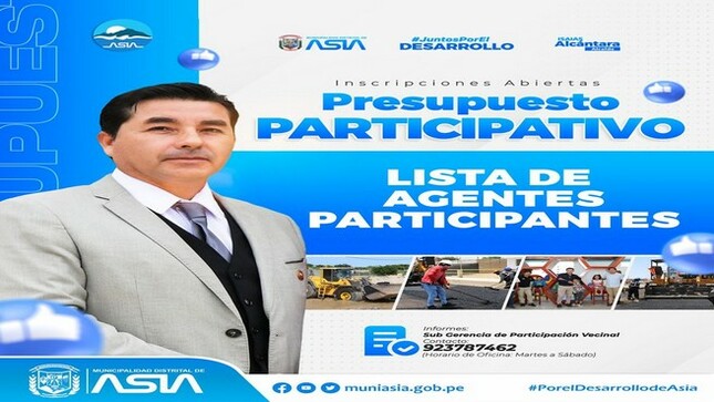 A continuación les mostramos la lista de los Agentes Participantes que serán parte del proceso de "Presupuesto Participativo Basado en Resultados 2025".
https://drive.google.com/.../1gDwaNn9Wu102f5RQ9AvuIM.../view
#presupuestoparticipativo2025
#MunicipalidadDistritalDeAsia 
#PorelDesarrollodeAsia
#IsaiasAlcantaraAlcaldedeAsia