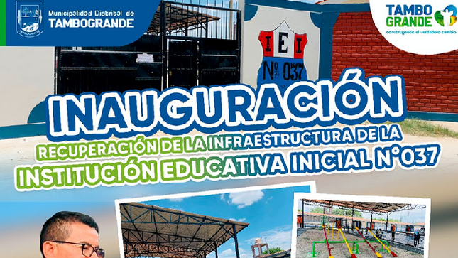 #UnaObraMás 
#Atención población Tambograndina
La Municipalidad Distrital de Tambogrande te invita a la inauguración de los Trabajos de Recuperación de la Infraestructura de la I.E Inicial N° 037 Andrés Razuri- Distrito de Tambogrande.
Jueves 7 de marzo
8:30 am
I.E N° 037 Andrés Razuri.
De esta forma la gestión municipal liderada, por el alcalde Segundo Meléndez, continúa entregando obras al servicio de la población. 
#ConstruyendoElVerdaderoCambio
#GestiónMeléndez