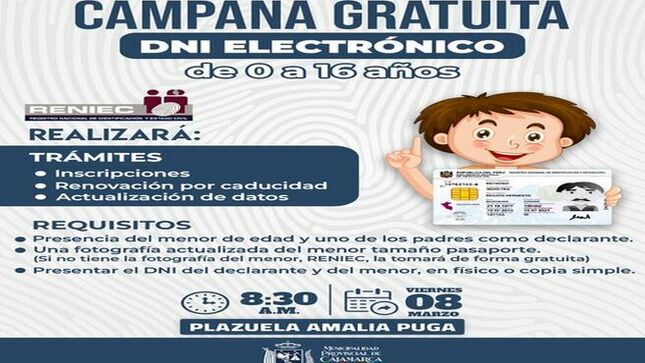 📌Este viernes 08 de marzo desde las 8:30 de la mañana, puedes realizar diversos trámites con la RENIEC gratuitos en la Plazuela Amalia Puga. 
¡Te esperamos!