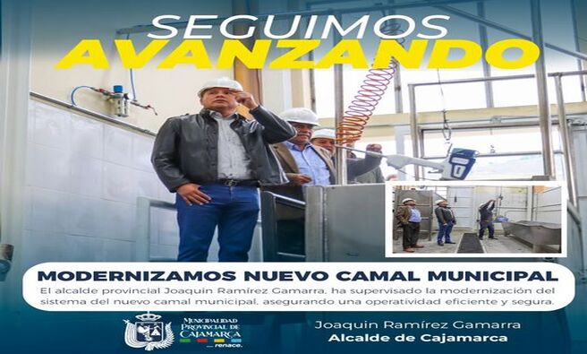 📌El alcalde provincial Joaquin Ramírez Gamarra, ha supervisado la completa modernización del sistema del nuevo camal municipal, asegurando una operatividad eficiente y segura. Además, se han levantado observaciones por parte del SENASA, teniendo en cuenta que todo el sistema era completamente obsoleto y no tenía funcionalidad para el sacrificio y procesamiento de animales. 
🤝Con una inversión significativa y la participación de especialistas en la adecuación e implementación, el nuevo camal municipal de Cajamarca ahora cuenta con maquinaria de alta gama, garantizando un proceso de sacrificio de animales óptimo y libre de contaminación ambiental. Esta iniciativa se alinea con el compromiso de la Municipalidad de Cajamarca de promover prácticas sostenibles y responsables con el medio ambiente.