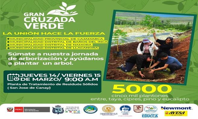 📌La Municipalidad Provincial de Cajamarca a través de la gerencia de Desarrollo Ambiental está organizando la segunda gran cruzada verde, la misma que se realizará los días 14 y 15 de marzo a las 9:00 a. m. en la Planta de Residuos Sólidos en San José de Canay.
👉🏻El objetivo es instalar 5000 especies forestales como 𝐩𝐢𝐧𝐨𝐬, 𝐞𝐮𝐜𝐚𝐥𝐢𝐩𝐭𝐨, 𝐜𝐢𝐩𝐫𝐞́𝐬 𝐲 𝐭𝐚𝐲𝐚 para incrementar la cobertura arbórea en nuestro relleno sanitario y con esto contribuir al impacto positivo ambiental y social de forma sostenible.
👉🏻Asimismo, es importante contribuir con la diversidad biológica, como hospedero y hábitat de diversas especies de flora y fauna, de esta manera, aportar al proceso de la captación de CO2 (dióxido de carbono), purificando el aire, entre otros beneficios ecosistémicos.
✅ Para esta gran jornada se suman la Municipalidad Distrital de Baños del Inca, Namora y Llacanora, además los aliados estratégicos como Newmont Yanacocha, Rajucaj y Avesa Peru ERL quienes están comprometidos con el cuidado del medio ambiente.