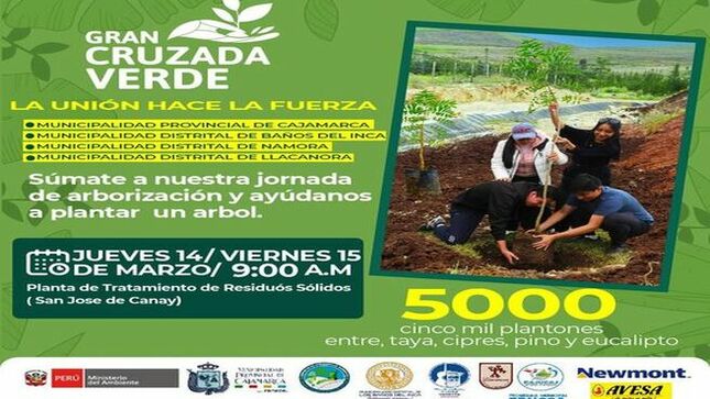 📌La Municipalidad Provincial de Cajamarca a través de la gerencia de Desarrollo Ambiental está organizando la segunda gran cruzada verde, la misma que se realizará los días 14 y 15 de marzo a las 9:00 a. m. en la Planta de Residuos Sólidos en San José de Canay.
👉🏻El objetivo es instalar 5000 especies forestales como 𝐩𝐢𝐧𝐨𝐬, 𝐞𝐮𝐜𝐚𝐥𝐢𝐩𝐭𝐨, 𝐜𝐢𝐩𝐫𝐞́𝐬 𝐲 𝐭𝐚𝐲𝐚 para incrementar la cobertura arbórea en nuestro relleno sanitario y con esto contribuir al impacto positivo ambiental y social de forma sostenible.
👉🏻Asimismo, es importante contribuir con la diversidad biológica, como hospedero y hábitat de diversas especies de flora y fauna, de esta manera, aportar al proceso de la captación de CO2 (dióxido de carbono), purificando el aire, entre otros beneficios ecosistémicos.
✅ Para esta gran jornada se suman la Municipalidad Distrital de Baños del Inca, Namora y Llacanora, además los aliados estratégicos como Newmont Yanacocha, Rajucaj y Avesa Peru ERL quienes están comprometidos con el cuidado del medio ambiente.