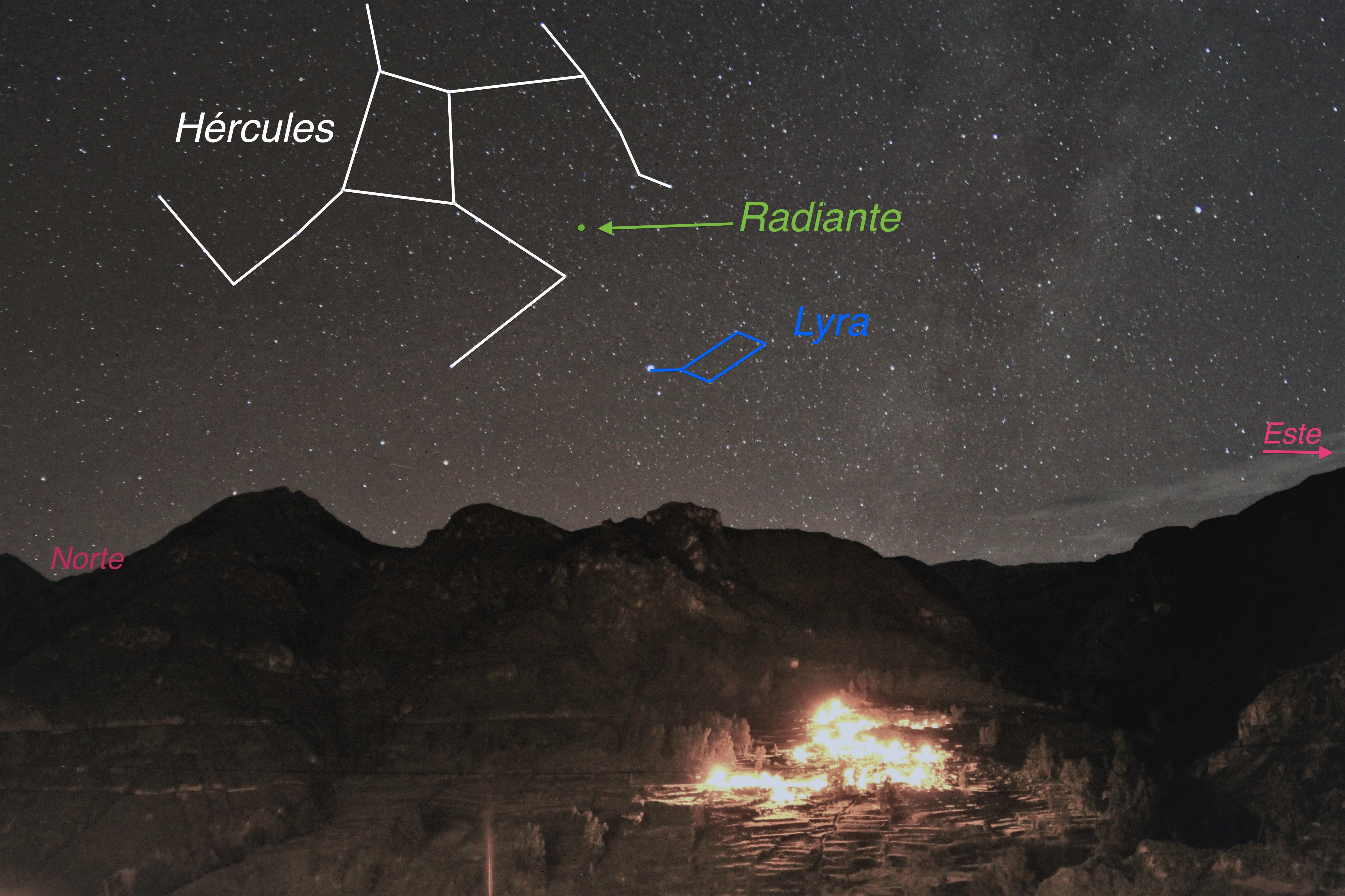 Horizonte Norte - Este visto desde el Observatorio Astronómico de Moquegua (ubicado en Cambrune) el 17 de abril del 2020 a las 03:37 hora local. El radiante de las Líridas se localiza entre las constelaciones de Hércules y la Lira.
Imagen: Agencia Espacial del Perú - Conida