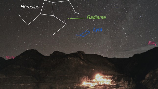 Horizonte Norte - Este visto desde el Observatorio Astronómico de Moquegua (ubicado en Cambrune) el 17 de abril del 2020 a las 03:37 hora local. El radiante de las Líridas se localiza entre las constelaciones de Hércules y la Lira.
Imagen: Agencia Espacial del Perú - Conida 
