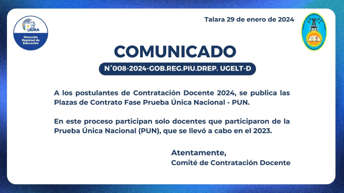 COMUNICADO N° 008-2024-GOB.REG.PIU.DREP.UGELT-D