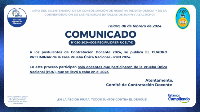 COMUNICADO N°020-2024-GOB.REG.PIU.DREP. UGELT-D