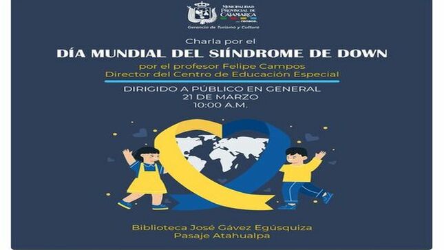 📌Este 21 de marzo, únete a nosotros en la Biblioteca José Gálvez Egúsquiza a las 10:00 a.m. para una charla especial en conmemoración del Día Mundial del Síndrome de Down. 
🌟💙Vamos a aprender, compartir y celebrar la dignidad, valía y contribuciones valiosas de las personas con Síndrome de Down. 
¡Te esperamos! 🙌📚