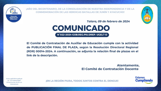 COMUNICADO N°022-2024-GOB.REG.PIU.DREP. UGELT-D