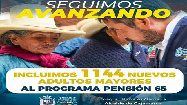 📌La Municipalidad Provincial de Cajamarca, a través de la Unidad Local de Empadronamiento y en un trabajo coordinado con los 24 sectores y Centros Poblados, se ha logrado incluir a 1144 adultos mayores al programa de Pensión 65. 
🤝La nueva gestión liderada por el alcalde Joaquin Ramírez Gamarra, continúa realizando un arduo trabajando para llegar a los más necesitados y así poder brindarles nuevas oportunidades de mejora o programas sociales que brinda la comuna local y el Estado peruano. 