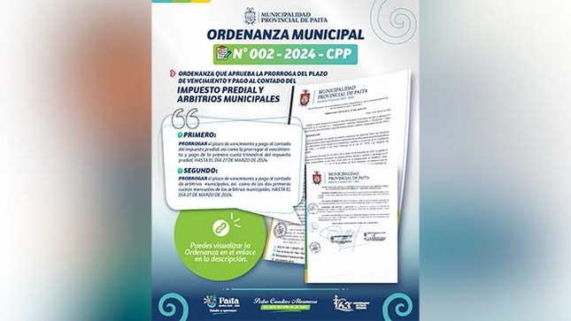 Ordenanza que aprueba la prorroga del plazo de vencimiento y pago al contado del impuesto predial y arbitrios municipales